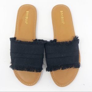 BAMBOO Black and Tan Frayed Sandals